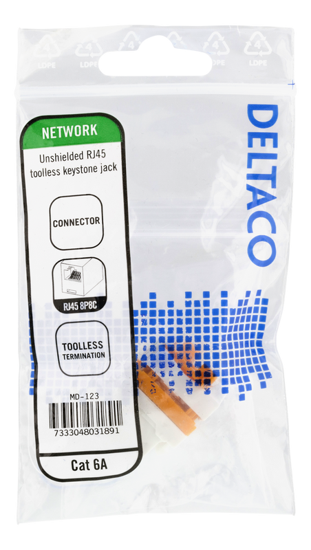 DELTACO Cat6A Keystone-uttag, verktygsfri, plast, vit/orange