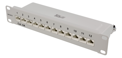 DELTACO 10" patchpanel, 12xRJ45, Cat6a, STP, 10Gbps, metall, grå