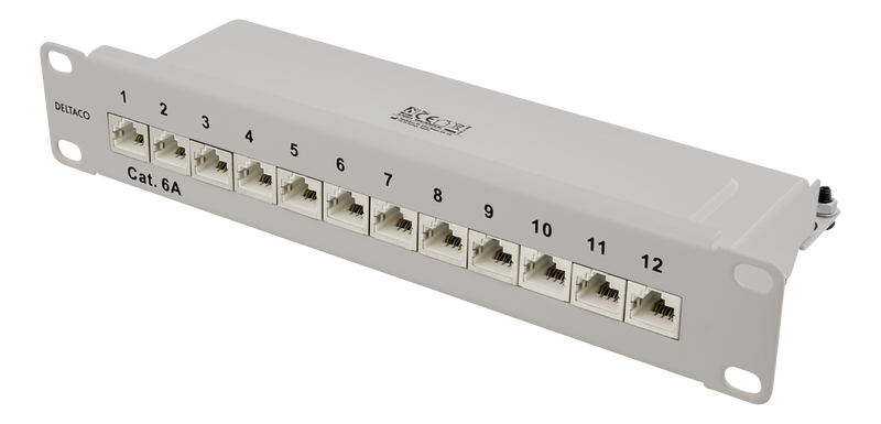 DELTACO 10" patchpanel, 12xRJ45, Cat6a, STP, 10Gbps, metal, gray