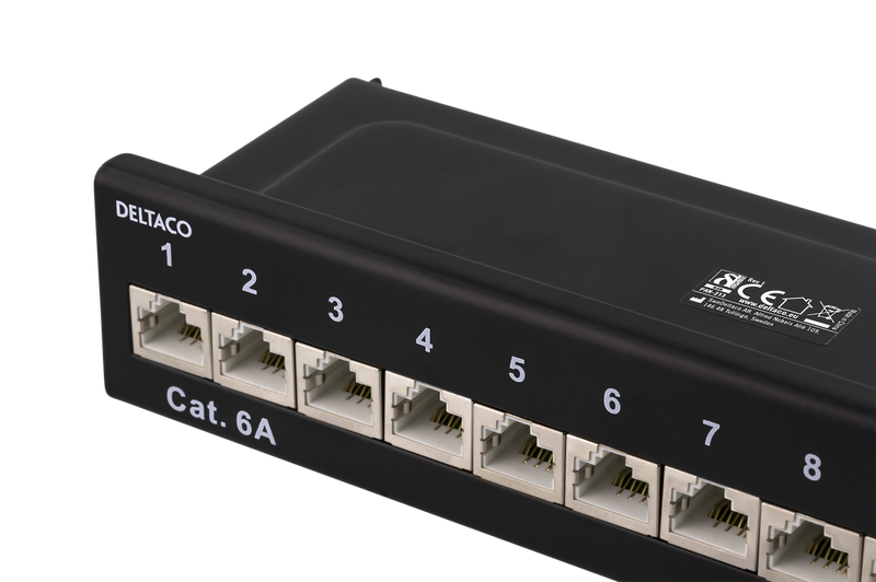 DELTACO Patchpanel, 12xRJ45, Cat6a, väggmonterbar, 10Gbps, svart
