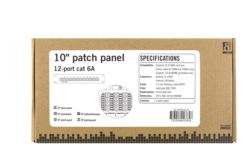 DELTACO 10" patchpanel, 12xRJ45, Cat6a, STP, 10Gbps, metal, gray
