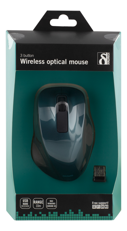 DELTACO trådlös optisk mus 2,4GHz, 3 knappar med scroll, blå