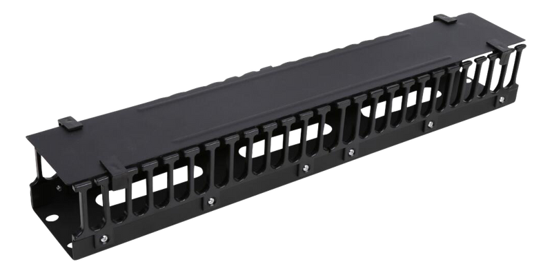 DELTACO 19" cable manager, metal/plastic, finger duct and grommet.