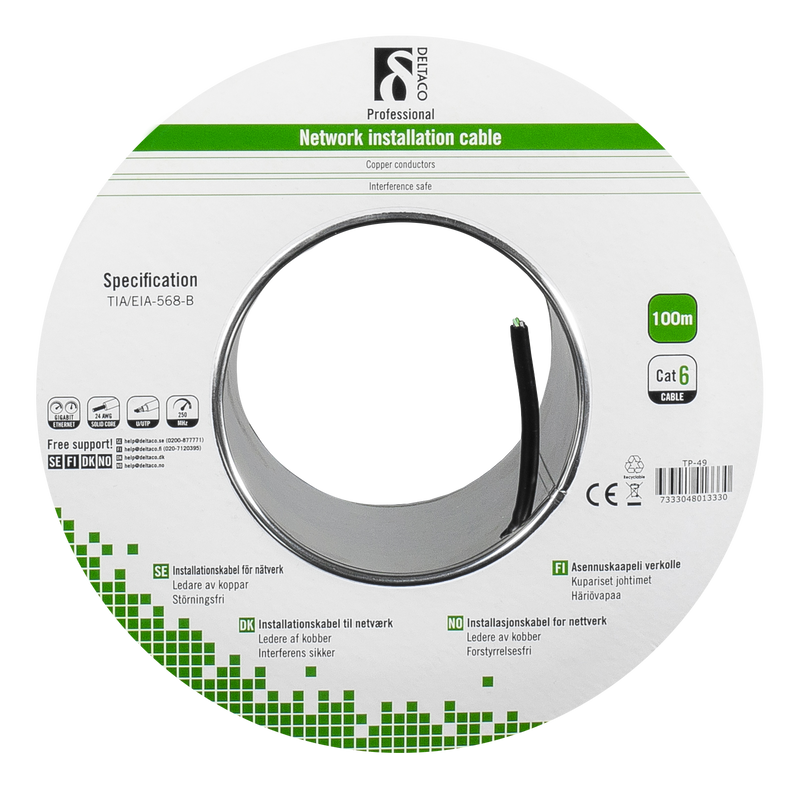 DELTACO U/UTP Cat6 installationskabel, för utomhusbruk, 100m, svart