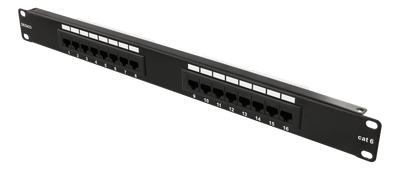 DELTACO 19" patchpanel, 16xRJ45, Cat6, UTP, 1U, 10Gbps, svart