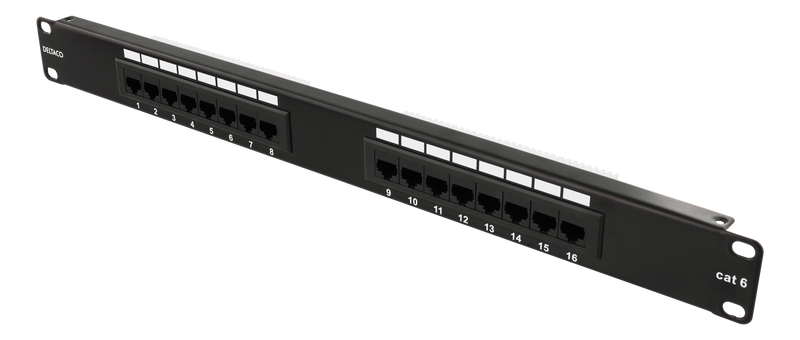 DELTACO 19" patchpanel, 16xRJ45, Cat6, UTP, 1U, 10Gbps, svart