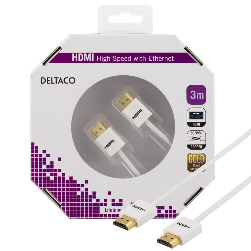 Tunn HDMI-kabel 3m, HDMI High Speed with Ethernet, vit