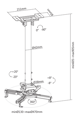DELTACO Office Projector Adjustable Ceiling Mount, 745mm-1145mm, 35kg.