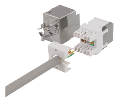 DELTACO Cat6 skärmat Keystone-uttag, LSA/110-terminering, plast, 180, vit/metall