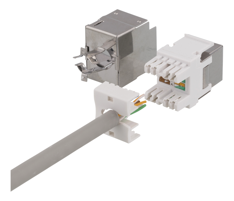 DELTACO Cat6 skärmat Keystone-uttag, LSA/110-terminering, plast, 180, vit/metall