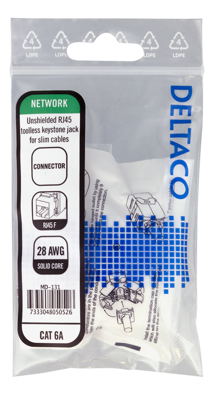 DELTACO Cat6A Keystone-uttag, 28AWG slim, verktygsfri, plast, vit
