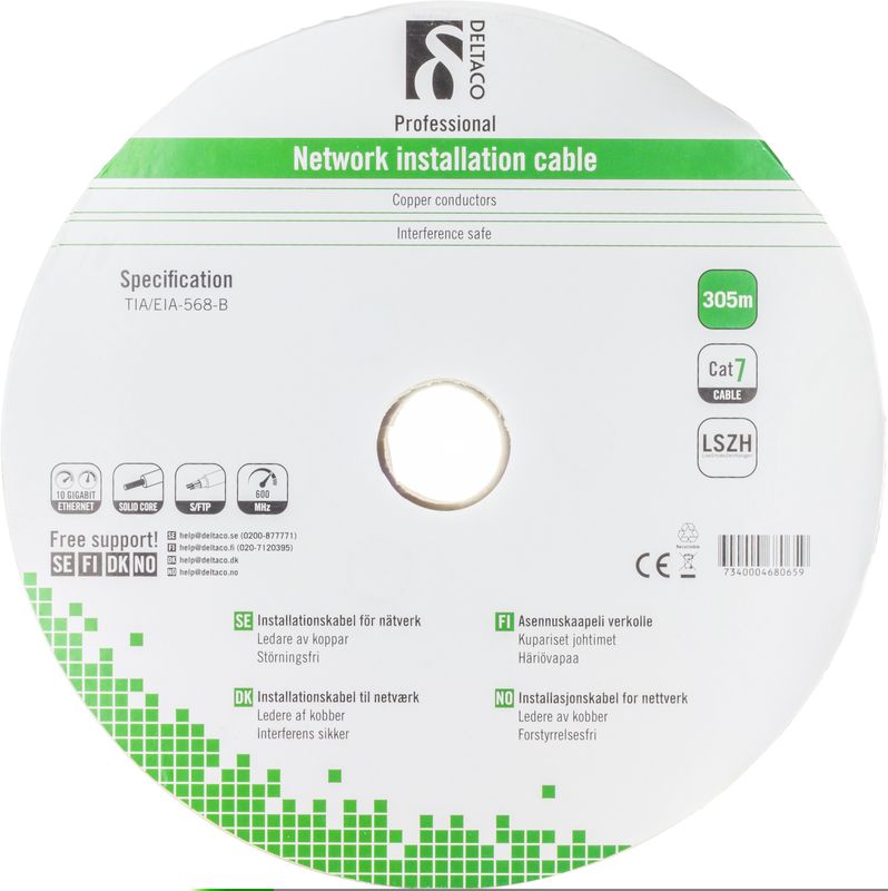 DELTACO S/FTP installationskabel Cat7, LSZH, 305m, vit