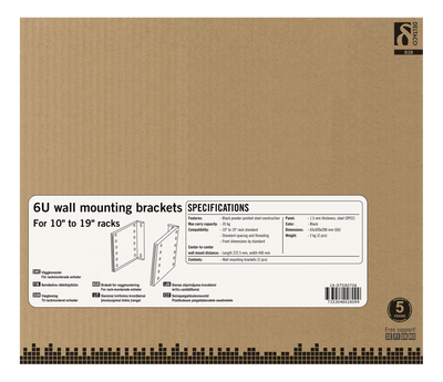 DELTACO 10"-19" wall mount bracket with adjustable width, 6U, 35kg load capacity.