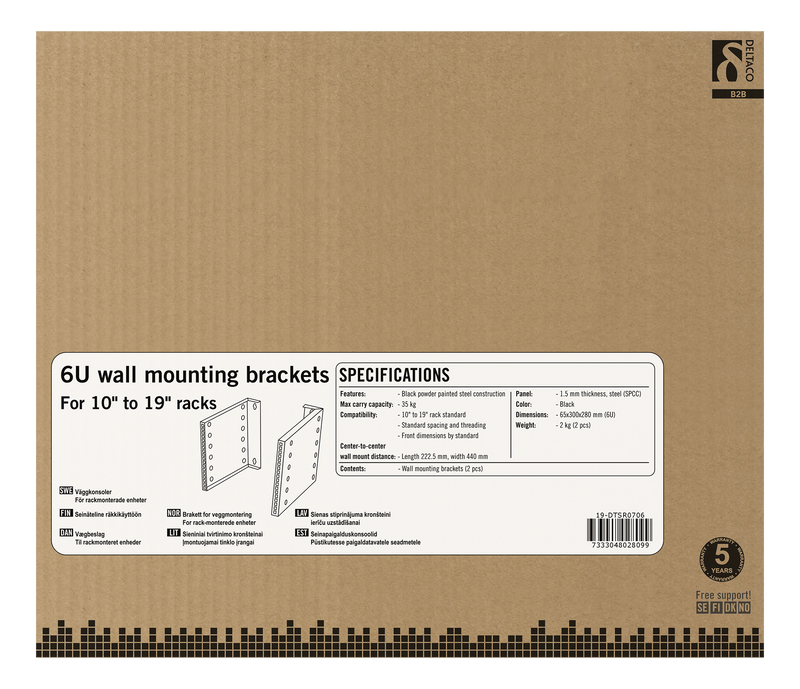 DELTACO 10"-19" wall mount bracket with adjustable width, 6U, 35kg load capacity.