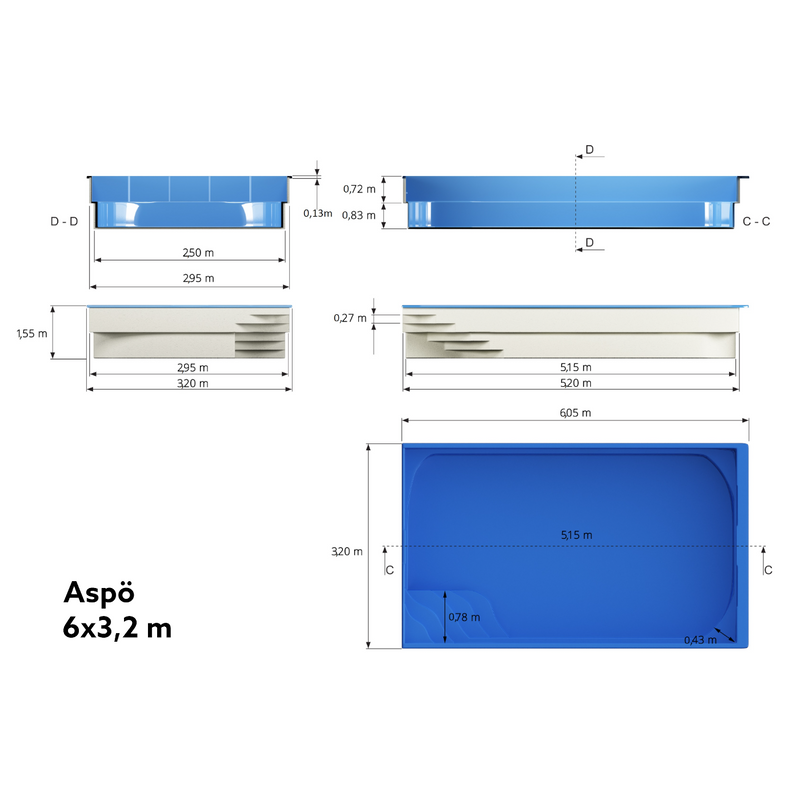 Poolpaket Glasfiberpool - 6x3,2m - Aspö - Med smart styrning