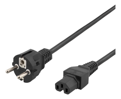 Apparatkabel 2m, rak IEC 60320 C15 - rak CEE 7/7, max 250V/10A, svart