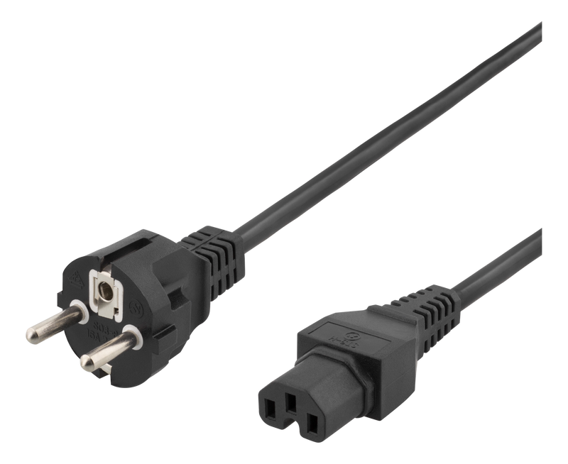 Apparatkabel 2m, rak IEC 60320 C15 - rak CEE 7/7, max 250V/10A, svart