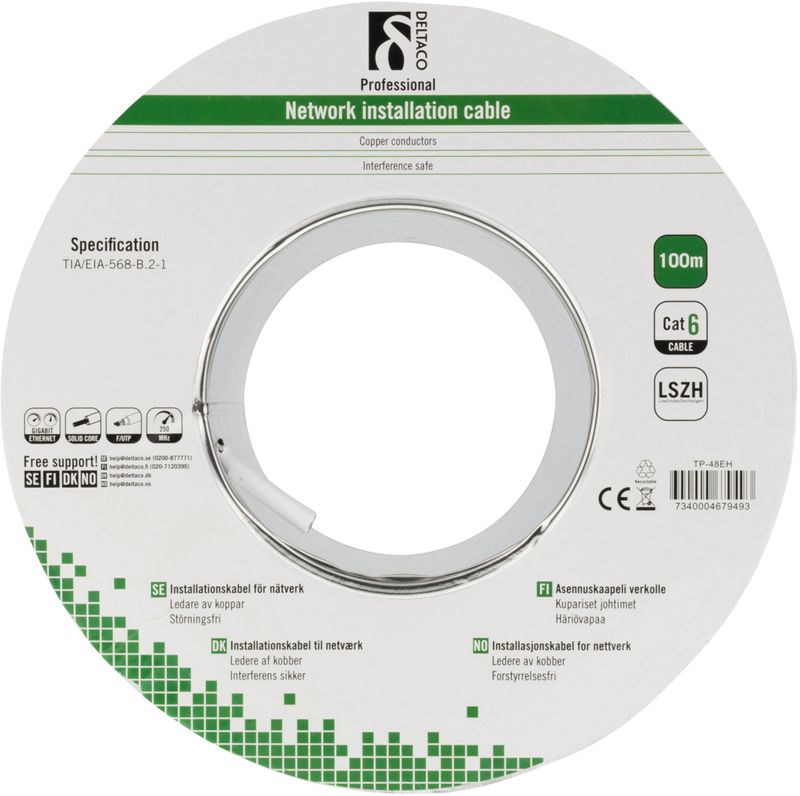 DELTACO LSZH FTP installationskabel, Cat6, 100m, vit
