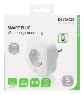 DELTACO SMART HOME strömbrytare, WiFi 2,4GHz, energiövervakning, 1xCEE 7/3, 10A, timer, vit