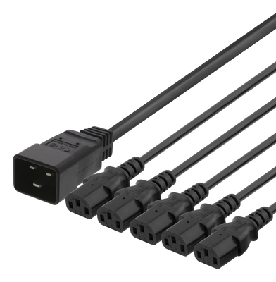 Apparatkabel 2m, IEC C20 - 5x IEC C13, 16A/250V, Y-Splitter, svart