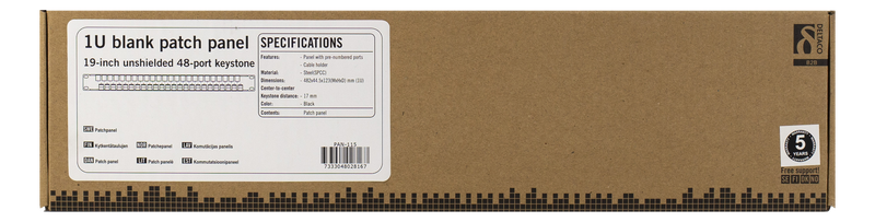 DELTACO 19" Open patch panel, 48 ports, 1U, aluminum, black.