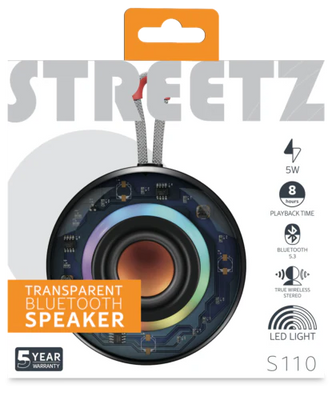 STREETZ | Transparent Bluetooth-högtalare med TWS och LED-ljuseffekter, 5 W