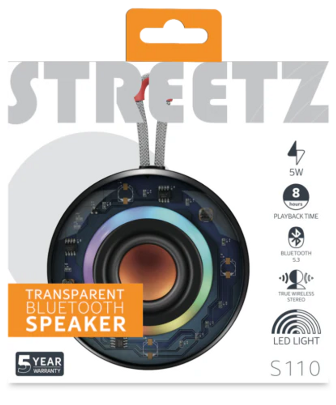 STREETZ | Transparent Bluetooth-högtalare med TWS och LED-ljuseffekter, 5 W