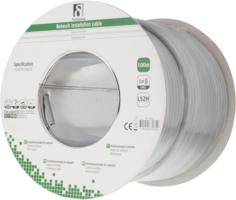 DELTACO LSZH FTP installationskabel, Cat6, 100m, grå