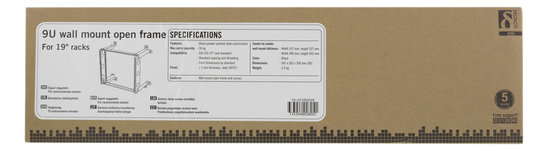 DELTACO 19" wall mount, 9U, 50kg load capacity, steel, mounting kit, black.