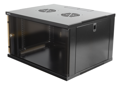 DELTACO 19"-skåp, 6U, 540x450mm, stående eller väggmonterat, glasdörr, svart