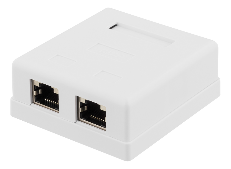 DELTACO skärmat vägguttag, utanpåliggande FTP 2xRJ45, Cat6, vit