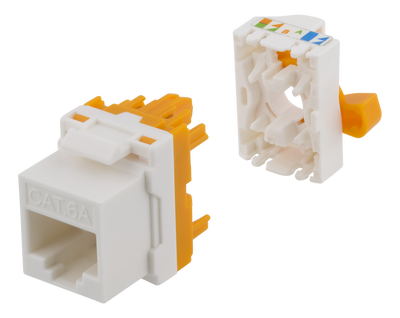 DELTACO Cat6A Keystone-uttag, verktygsfri, plast, vit/orange