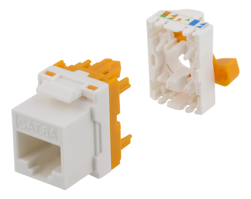 DELTACO Cat6A Keystone-uttag, verktygsfri, plast, vit/orange