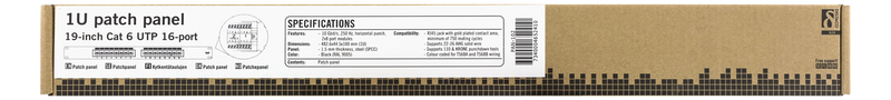 DELTACO 19" patchpanel, 16xRJ45, Cat6, UTP, 1U, 10Gbps, svart