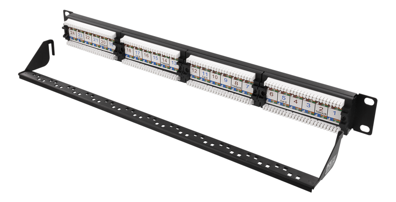 DELTACO 19" patch panel, 24xRJ45, Cat6, UTP, Krone jacks, 1U, black.