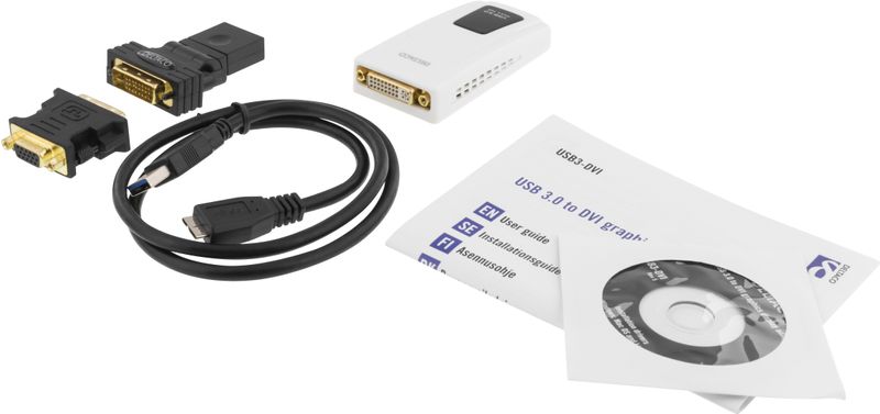 DELTACO PRIME USB 3.0 till DVI/HDMI/VGA-adapter,  2048x1152, vit