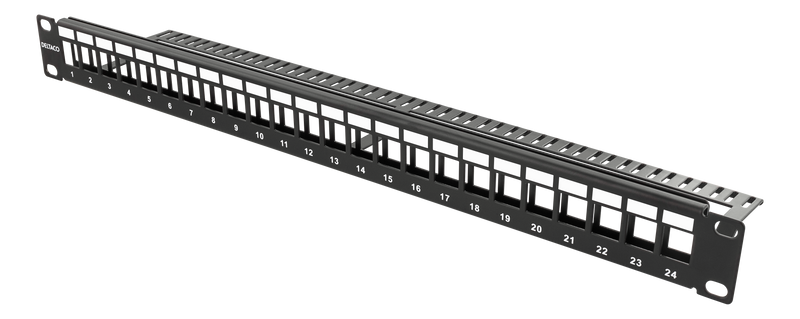 DELTACO 19" patch panel, 24 ports, without connectors, 1U, black.