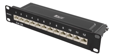 DELTACO 10" patchpanel, 12xRJ45, Cat6a, STP, 10Gbps, metall, svart