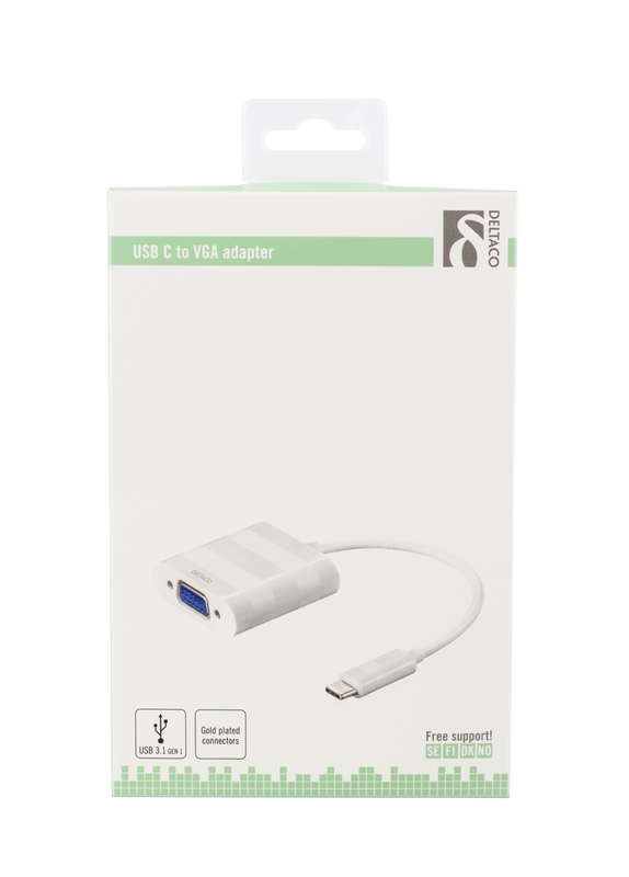 DELTACO USB 3.1 till VGA adapter, Typ C ha - VGA ho, 1080p, vit