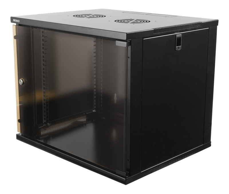 DELTACO 19" cabinet, 9U, 540x450mm, standing or wall-mounted, glass door, black.
