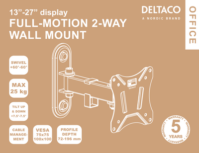 DELTACO Office, full-motion 2-way wall, 13"-27", 25kg, 75x75-100-100