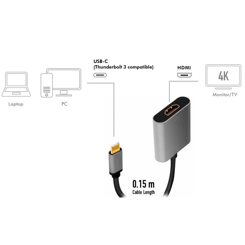 USB-C -> HDMI-adapter 4K/60Hz Aluminium 15cm