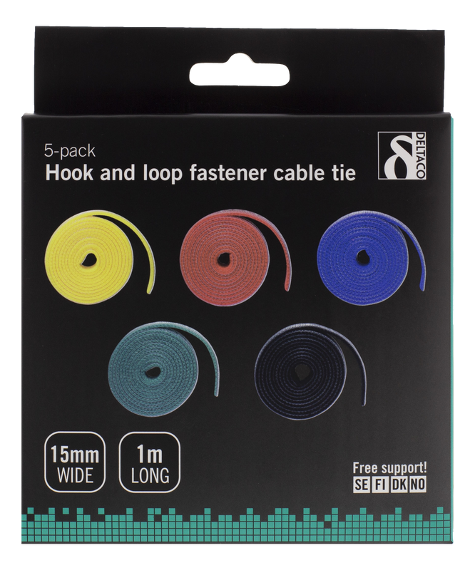 DELTACO kabelsorteringskit, kardborrband i olika färger, 5-pack