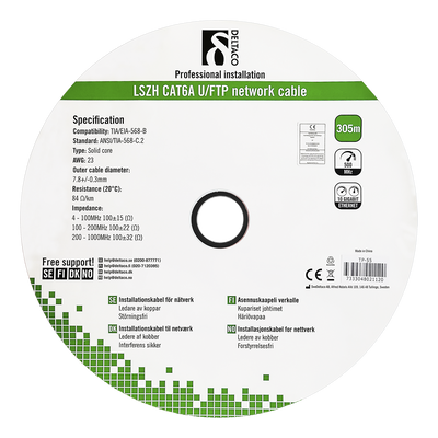 DELTACO U/FTP Cat6a installationskabel, 305m trumma, 500MHz, LSZH, grå