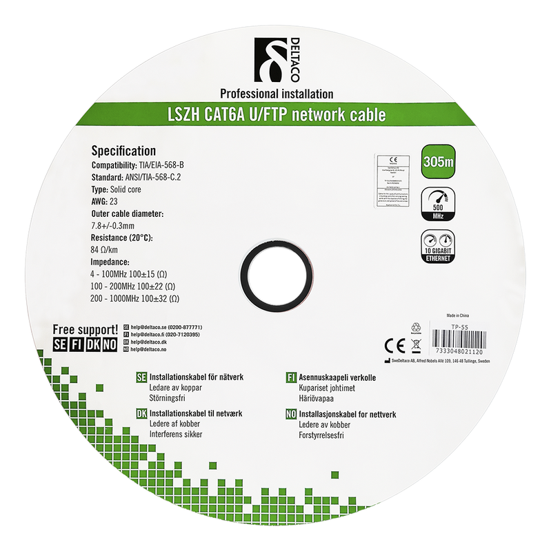 DELTACO U/FTP Cat6a installationskabel, 305m trumma, 500MHz, LSZH, grå