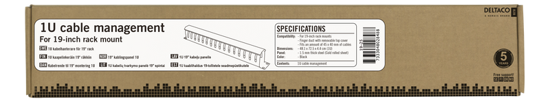 DELTACO 19" cable manager, metal, finger duct and grommet, 1U