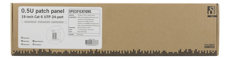 DELTACO UTP Patchpanel 24xRJ45, Cat6, 0.5U, 19", cable management, black.