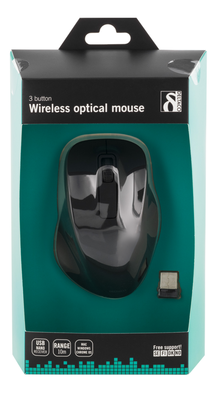 DELTACO trådlös optisk mus 2,4GHz, 3 knappar med scroll, svart