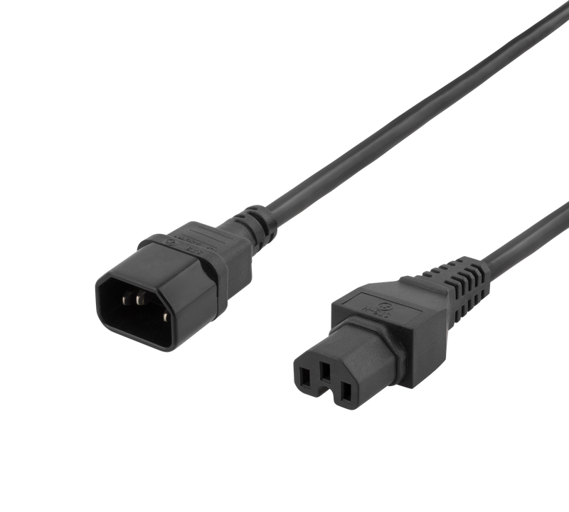 Förlängningskabel 1m, IEC C15 - IEC C14, svart