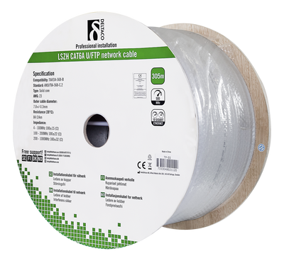 DELTACO U/FTP Cat6a installationskabel, 305m trumma, 500MHz, LSZH, grå